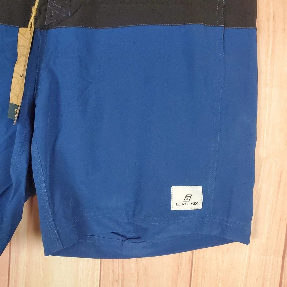 Level Six Cmb Slanted Board Shorts Men 36 Blue Black Logo Stretch Woven Swimwear